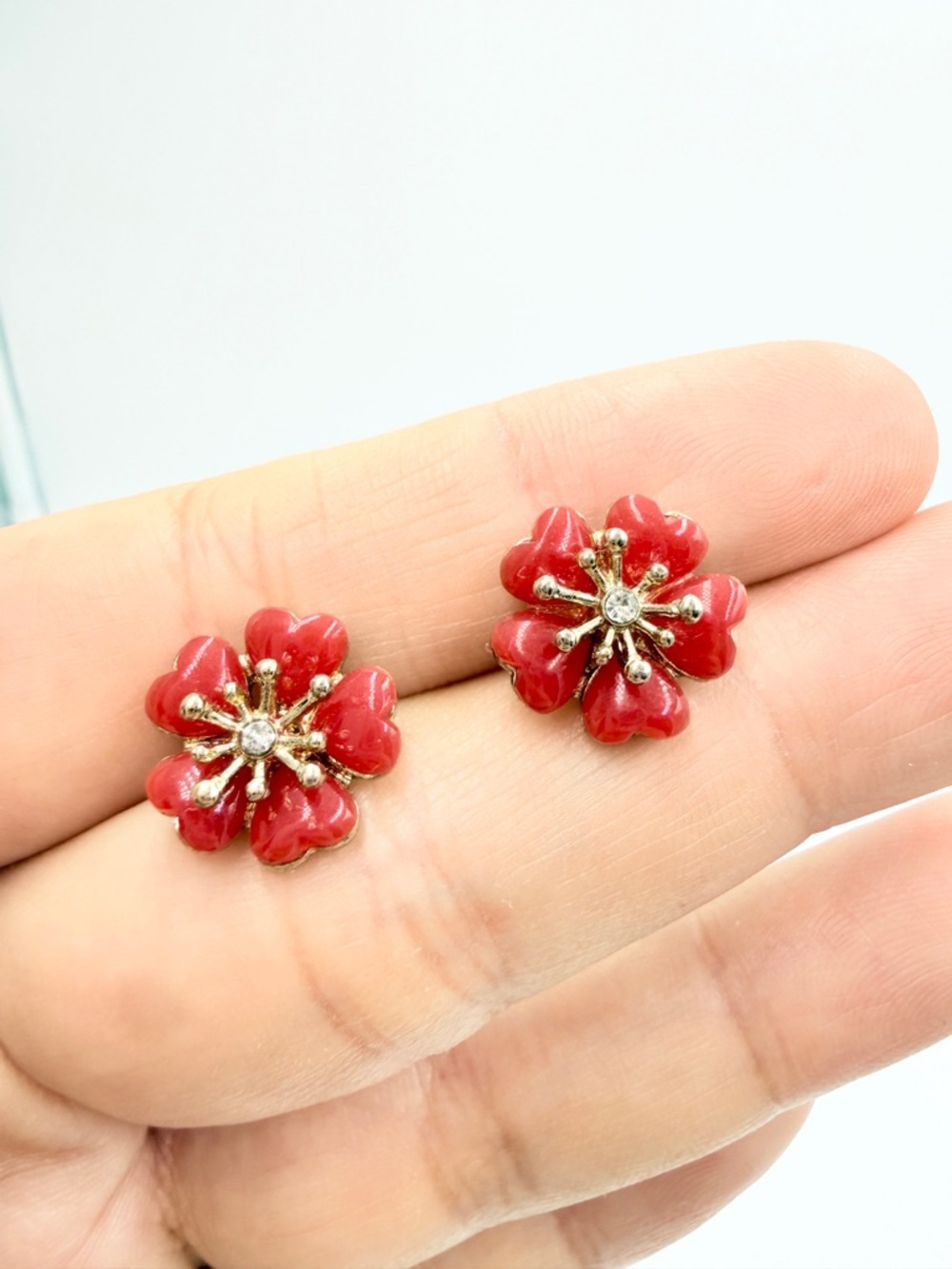 Vintage coral Enamel Flower Stud Earrings with Rhinestone Center